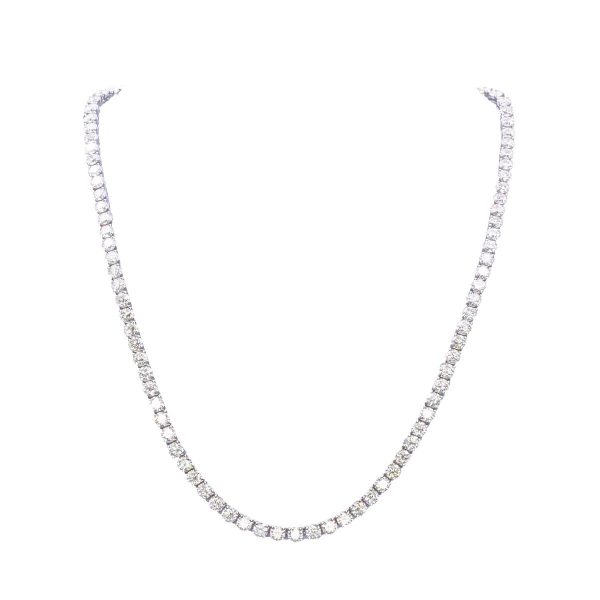 14k White Gold Tennis Necklace features graduated round Natural Diamonds, length is 18” and chain has box clasp (total 31ct diamonds).