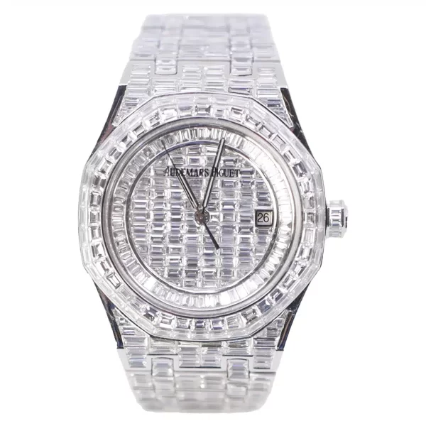 Audemars Piguet Royal Oak 15400st Chandelier Aftermarket Diamonds 18K White Gold 41mm Iced Out Watch