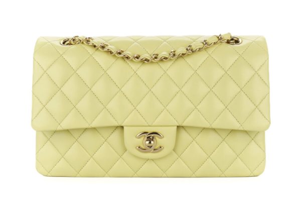 Chanel Classic Double Flap Medium Lime Green Lambskin Quilted Champagne Hardware