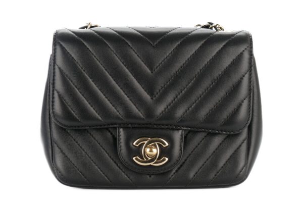 Chanel Mini Square Black Chevron Lambskin Champagne Hardware