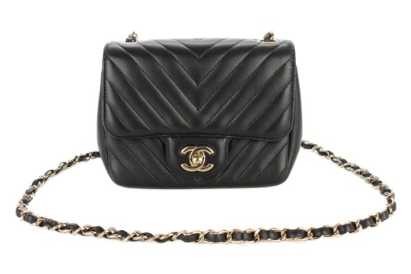 Chanel Mini Square Black Chevron Lambskin Champagne Hardware - Image 6