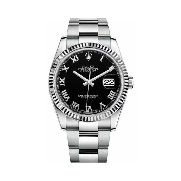 Rolex Datejust 116234 Steel & White Gold Oyster 36mm Black Roman Dial Watch